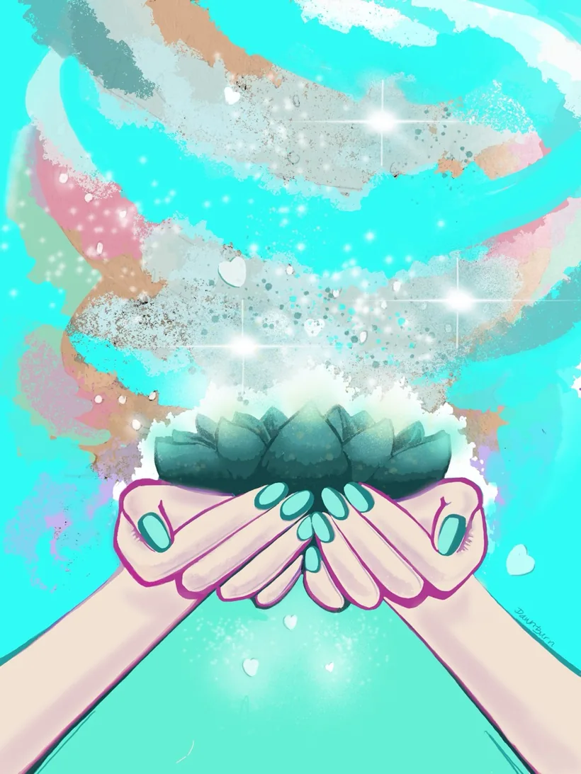 Abstract healing artwork with hands holding a lotus flower